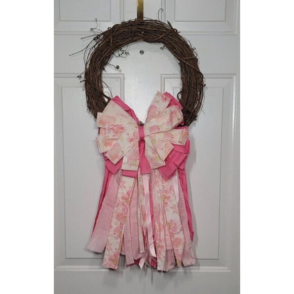 Vintage Pink Floral Rag Bow, Pink Pastel Rag Bow, ‎ Wreath or Swag Rag Bow #1 - Picture 1 of 3